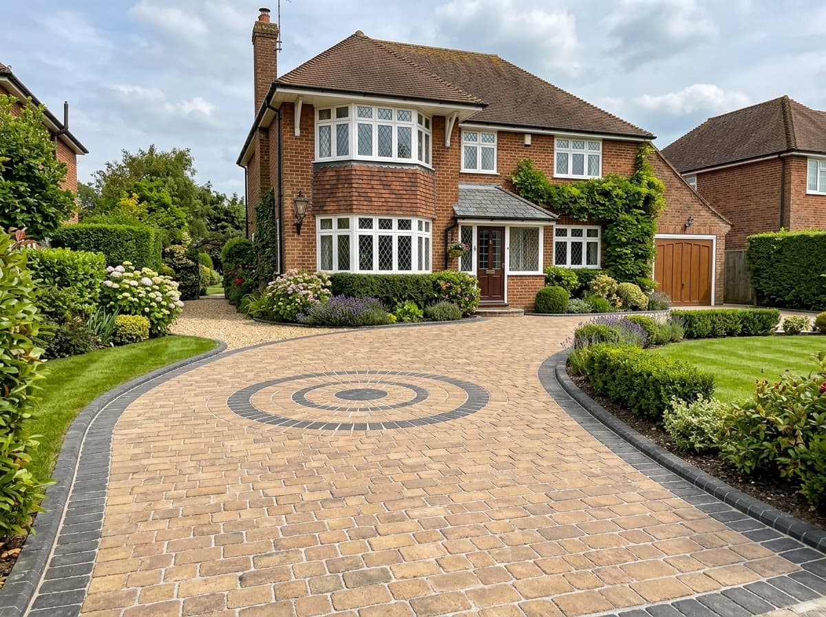 Curved block paving driveway with a decorative circle feature and contrasting border