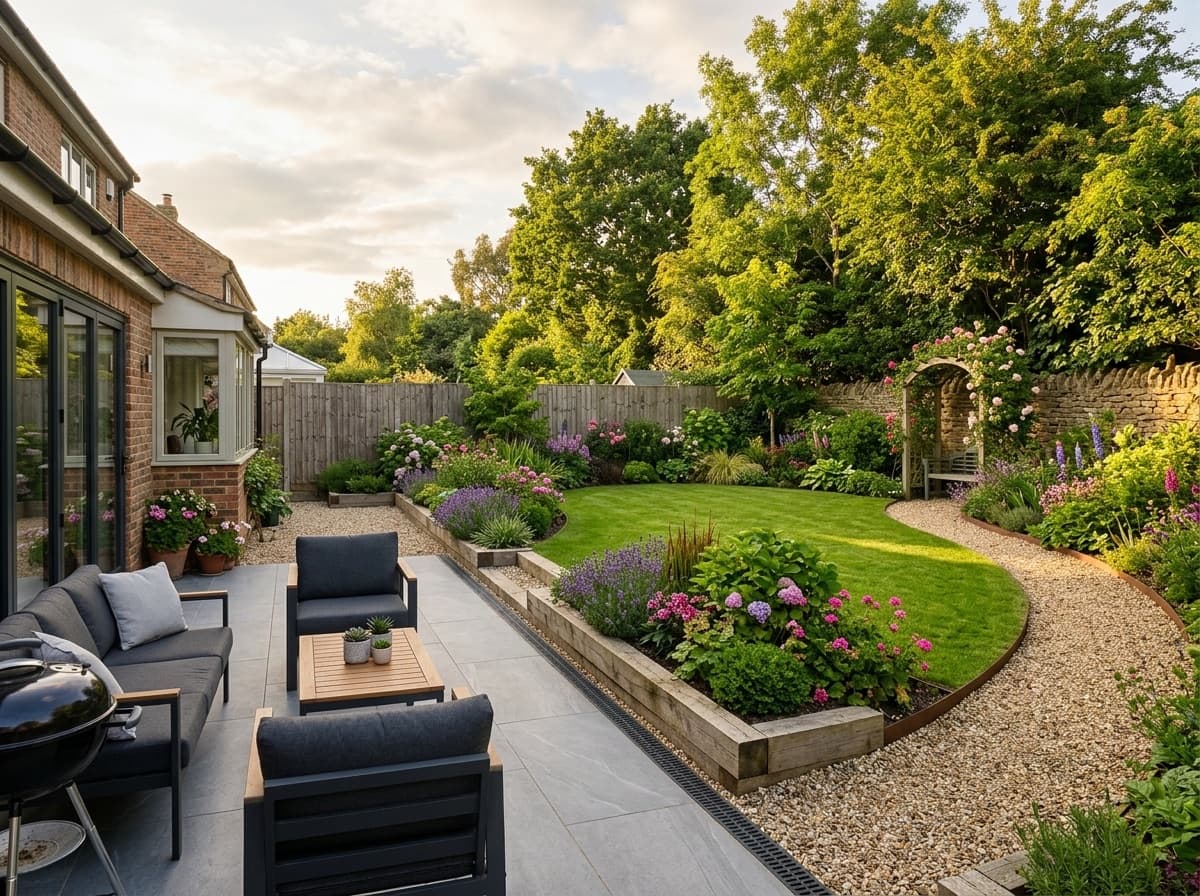 Fully landscaped back garden with a porcelain patio, shaped lawn and planted beds